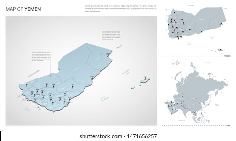 Vector set of Yemen country.  Isometric 3d map, Yemen map, Asia map - with region, state names and city names. 