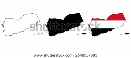 Vector set of Yemen map in three styles: outline, solid black, and filled with the national flag colors. Isolated on white background. Ideal for educational, political, or global design projects.