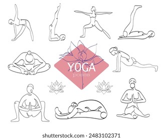 Vektorgrafik Set von Yoga Asanas. Yoga-Design mit Lotusblume. Fitness-Klasse. Gesunder Lebensstil. Moderne Sportaktivitäten.