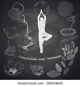 Vector set of yoga and feng-shui icons. Relaxation and recreation. Chalkboard design. 