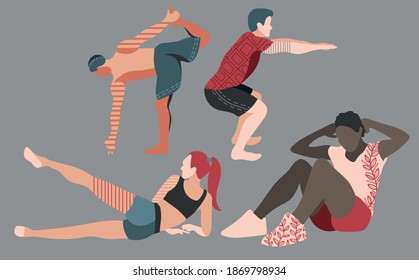 vector set of yoga and gym persons at home, flat modern design