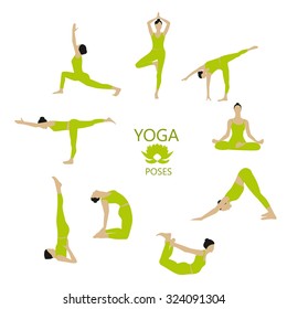 Vector Set of Yoga poses. Girl does yoga exercises. All elements are isolated on white background. Woman doing yoga color set.