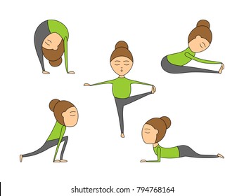 Vector set of yoga poses for health and flexibility. Woman yoga exercises for class or studio. Vector illustration in cartoon style on isolated white background