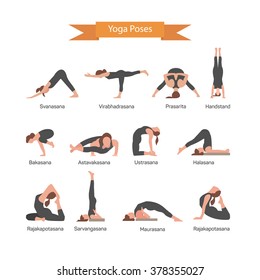 Conjunto vectorial de yoga posa aislado en fondo blanco. Posición de estiramiento del cuerpo humano. Concepto de yoga asana.