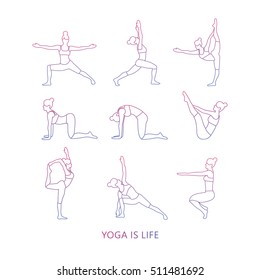 Vector set of yoga poses in a linear style. Women practicing yoga. Yoga postures and Assan.