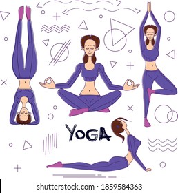 Vector set of yoga poses: lotus, tree, cobra, Shirshasana. Young girl doing sports at home. Stock illustration for, covers, stickers, banner design, flyers, booklets, subscriptions, books.