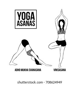 Vector set of yoga poses on white background. Women stretching positions set. Asana yoga concept. Woman doing yoga exercises set.