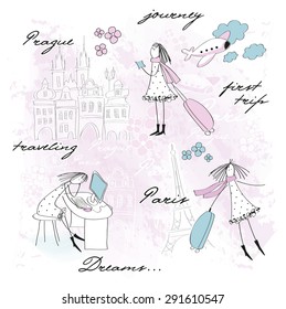 Vector set with young attractive woman