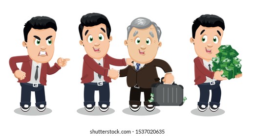 Vector set with young businessman in different situations. Brunet man pointing finger at somebody, shaking hands and posing with banker, investor, keeping lots of money. Vector cartoon set.