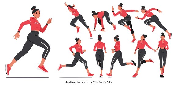 Vector Set of Young Fit Girl Character Dedicated To Her Passion For Running, Displays Determination And Grace On The Track. Her Swift Strides And Focused Expression Showcase an Athletic Prowess