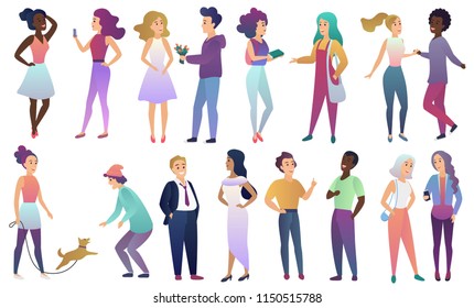 Vector set of young male and female people in casual clothes communicate with each other. Modern flat gradient color characters isolated.