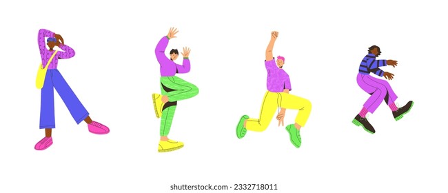 Vector set of young men. Trendy colorful flat style. Vector illustration. Funny character. Dynamic pose. Student in school or university. International day of young people