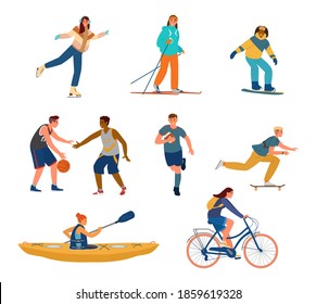 Grupo Vector De Jóvenes Haciendo Deportes. Patinaje sobre hielo, Esquí, Snowboard, Baloncesto, Rugby, Skateboarding, Kayak, Bicicleta. Estilo de vida saludable. Aislado En Blanco.