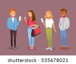 Vector set of young people with gadgets and shopping bags
