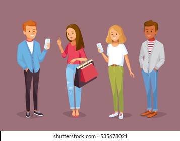 Vector set of young people with gadgets and shopping bags