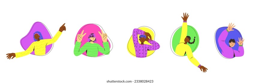 Vector set of young people on colorful background. Trendy flat style. Vector illustration. Funny character. Dynamic pose. Student in school or university. International day of young people