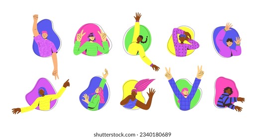 Vector set of young people on colorful background. Trendy flat style. Funny character. Dynamic pose. Student in school or university. International day of young people