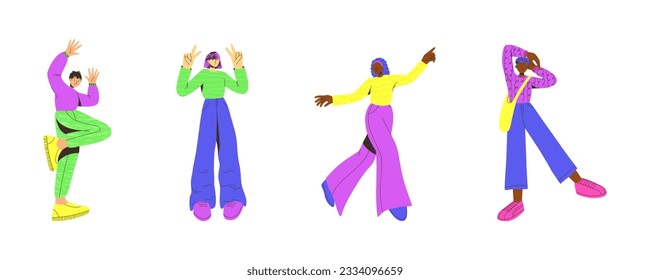 Vector set of young people. Trendy colorful flat style. Vector illustration. Funny character. Dynamic pose. Student in school or university. International day of young people