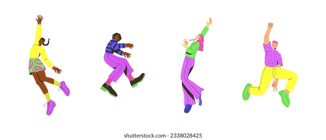 Vector set of young people. Trendy colorful flat style. Vector illustration. Funny character. Dynamic pose. Student in school or university. International day of young people