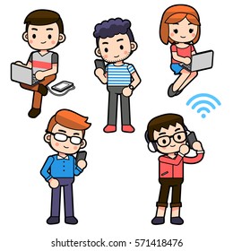 Vector Set of Young IT People using smart technology, smart phone, computer isolated on White Background.