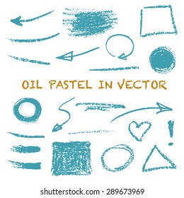 Vector set for your design with various hand drawn oil pastel textured elements: circles, arrows, heart, lines, backdrops.