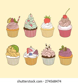 Vector set of yummy cupcakes. Cupcakes set. Vector illustration