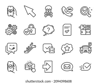 Vector set of Yummy smile, Loyalty star and Puzzle line icons set. Verified locker, 24h service and Puzzle game icons. Augmented reality, Question mark and Health app signs. Vector