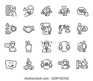 Vector set of Yummy smile, Teamwork and Workflow line icons set. Wash hand, Work home and Victory hand icons. Washing hands, Employees handshake and Engineering team signs. Vector