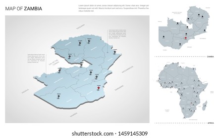 Vector set of Zambia country.  Isometric 3d map, Zambia map, Africa map - with region, state names and city names. 
