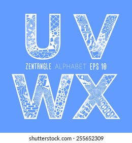 Vector set of zentangle letters, Doodle alphabet on plain blue background. White lace from U to X.
