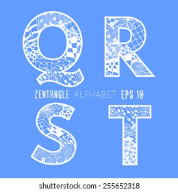 Vector set of zentangle letters, Doodle alphabet on plain blue background. White lace from Q to T.