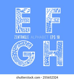 Vector set of zentangle letters, Doodle alphabet on plain blue background. White lace from  E to H.