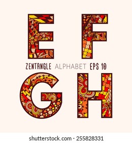 Vector set of zentangle letters, Doodle colorful alphabet on plain background. Red, orange, yellow ornament from E to H