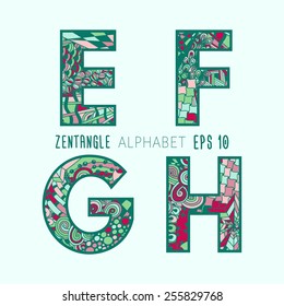 Vector set of zentangle letters. Doodle colorful alphabet on plain background. Green, pink. red lace from E to H