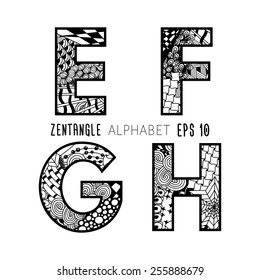 Vector set of zentangle letters. Doodle alphabet on plain white background. Black lace from E to  H