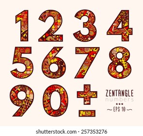 Vector set of zentangle numbers and symbols, From 1 to 9, plus and minus. Bright doodle objects (yellow, orange, red) on plain background. Can be used on posters or invitation cards.