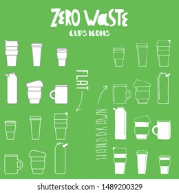 Vector set of zero waste cups for take away drinks. Coffee tea to go reuseable cups icons. Hand drawn and flat icons.
