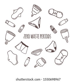 Vector set of zero waste menstruation devices icon. Reusable Pads, menstrual cups, disk, applicators, pants and tampons. Eco friendly period cute line art elements.