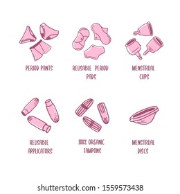 Vector set of zero waste menstruation devices icon. Reusable Pads, menstrual cups, disk, applicators, pants and tampons. Eco friendly period cute line art elements.