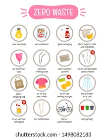 Vector set of zero waste tips. The concept of life without garbage.
