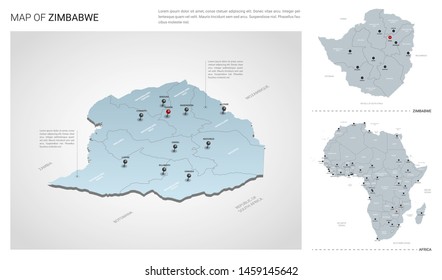 Vector set of Zimbabwe country.  Isometric 3d map, Zimbabwe map, Africa map - with region, state names and city names. 