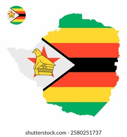 Vector set of Zimbabwe high detailed map flag and national flag round badge isolated on white background.