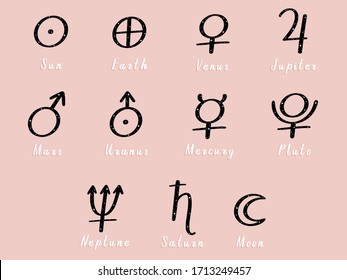 Vector set of zodiac and astrology symbols of planets on pink background