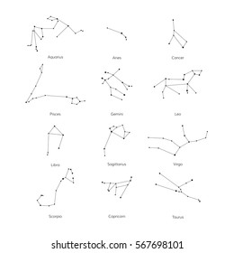 Vector set of zodiac constellation on white background. Isolated star icon for polygraphy, web design, logo, app, UI.