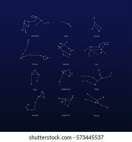 Vector set of zodiac constellation on night sky. Isolated star icon for polygraphy, web design, logo, app, UI.