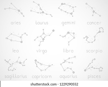 Vector set of zodiac constellations. Horoscope collection: aries, taurus, gemini, cancer, leo, virgo, libra, scorpio, sagitarius, capricorn, aquarius, pisces. Monochrome.