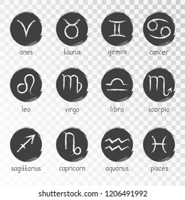 Vector set of zodiac grunge icons on a transparent background. Hand drawn elements. Horoscope symbols collection monochrome.