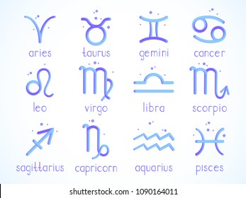 Vector set of zodiac signs with 3d effect on white background. Horoscope symbols collection: aries, taurus, gemini, cancer, leo, virgo, libra, scorpio, sagitarius, capricorn, aquarius, pisces. 