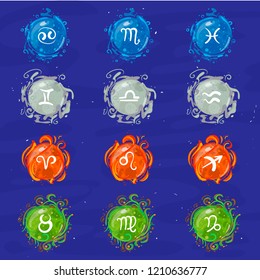 Vector set of zodiac signs and 4 elements .  Hand drawn elements. Collection of horoscope symbols: sheep, bull, Gemini, crab, lion, Virgo, balance, Scorpio, Sagittarius, Capricorn, Aquarius, fish. In 