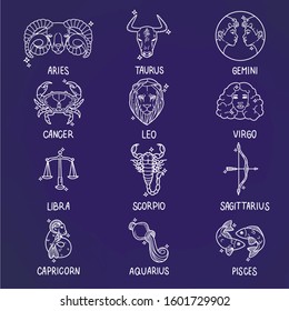 Vector set of zodiac signs. Aries, Taurus, Gemini, Cancer, Leo, Virgo, Libra, Scorpio, Sagittarius, Capricorn, Aquarius and Pisces. Hand drawn illustration, flat style.